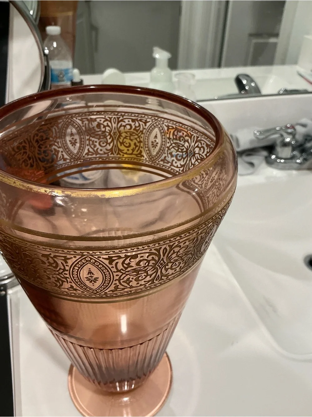 Tiffin Pink Depression Glass Footed Vase, Gold-Encrusted Etch, 9